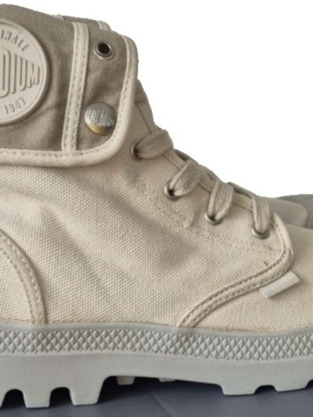 Palladium Beige Canvas lace up combat boot. Size 11.